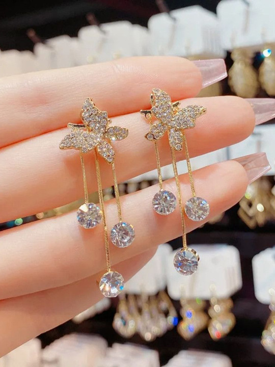 Celestria korean Artificial Stones Studded Butterfly Drop Earrings