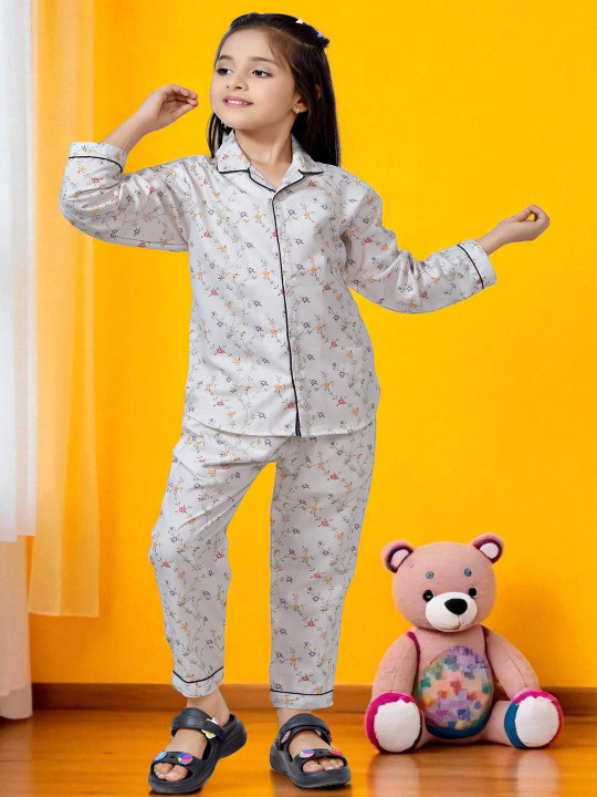 Club96 Off White Cotton Blend Printed Night suits