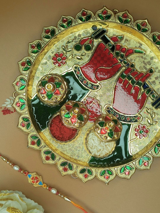 Anouk Beaded Rakhi With Pooja Thali & Roli Chawal & Greetings Card