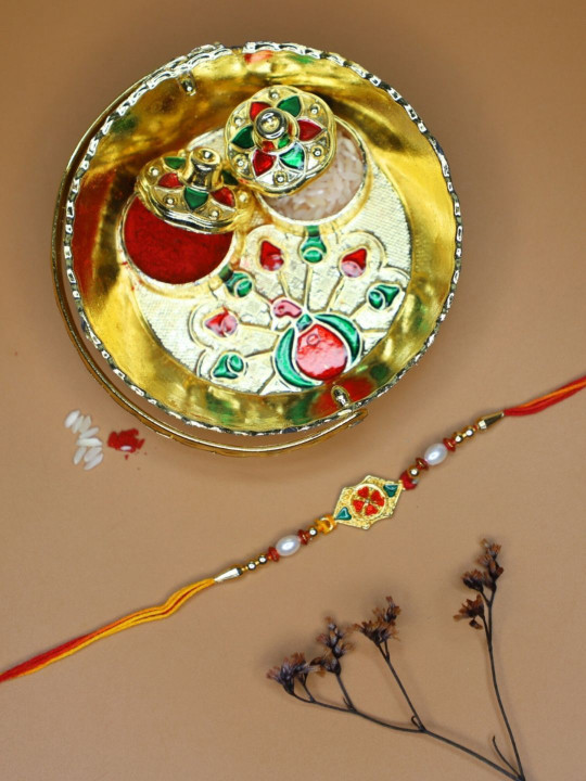 Anouk Beaded Rakhi With Pooja Thali & Roli Chawal & Greetings Card