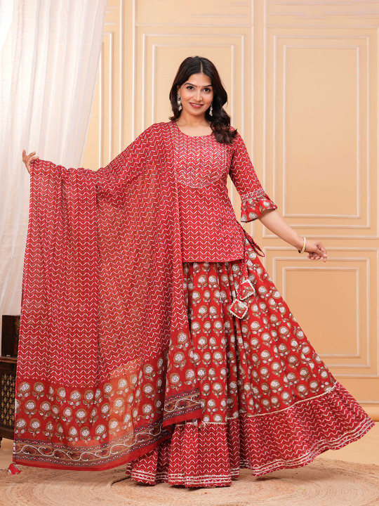 KALINI Women Floral Printed Regular Pure Cotton Kurti with Skirt & Dupatta