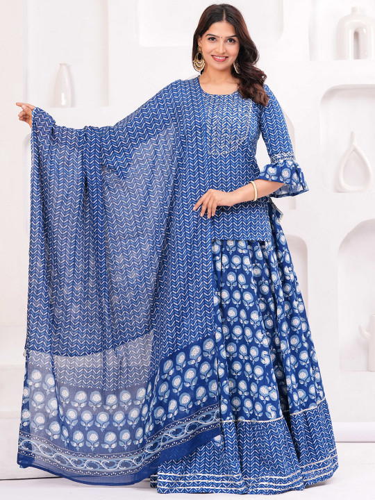 KALINI Women Ethnic Motifs Printed Pure Cotton Kurti with Skirt & Dupatta