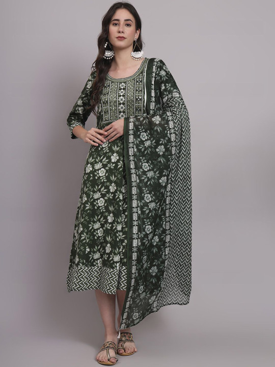 HERE&NOW Printed & Embroidered Flared Midi Dress