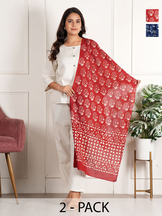 Style Shoes Pack Of 2 Floral Printed Cotton Stoles