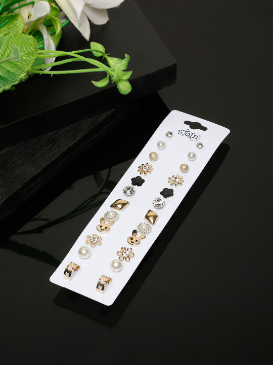 Stoln Set of 12 Artificial Stones Studded Floral Shaped Studs