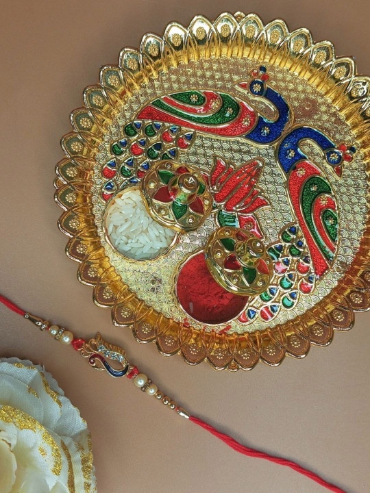Anouk Beaded Rakhi With Pooja Thali & Roli Chawal & Greetings Card
