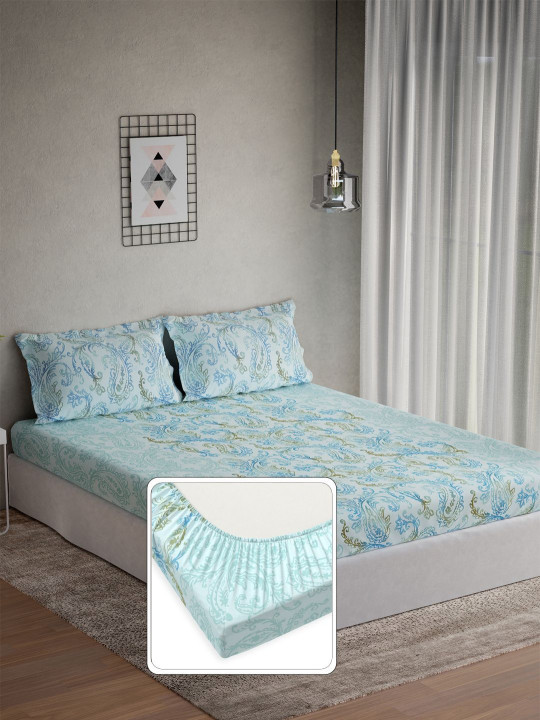 DDecor Omega Blue & Grey Printed Cotton 144TC King Fitted Bedsheet Set 1.82 m x 1.98 m