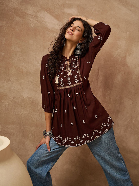 Anouk Women Floral Embroidered Tie-Up Neck Pleated Anarkali Kurti