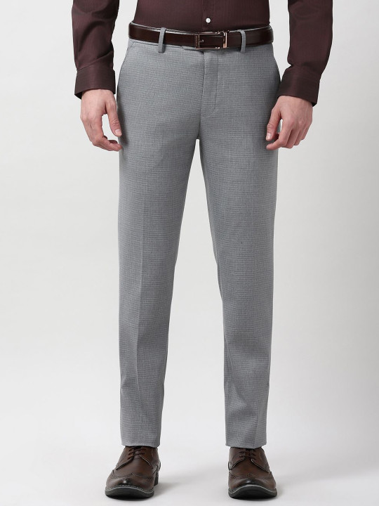 Peter England Elite Men Checked Slim Fit Mid-Rise Formal Trousers