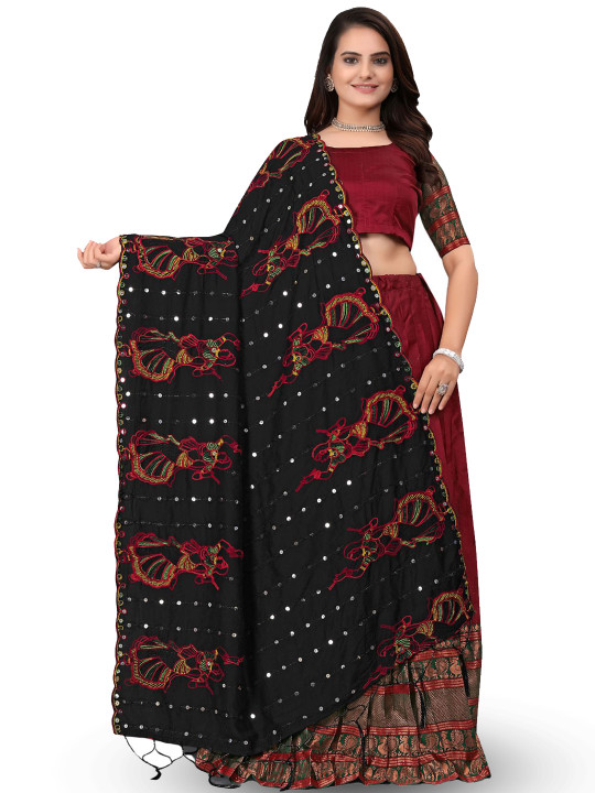 Kemza Ethnic Motifs Embroidered Chanderi Cotton Dupatta With Mirror Work