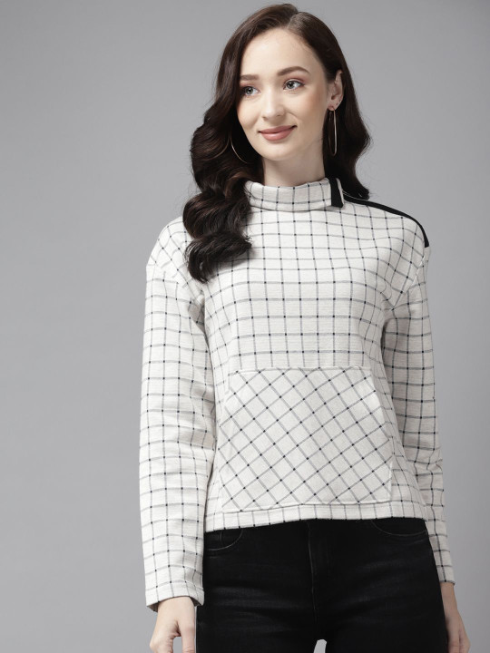 Roadster The Lifestyle Co. Women Turtle Neck Checked Cotton Pullover Sweatshirt