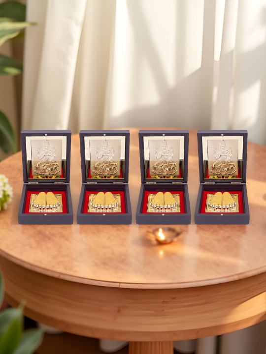 Golden Peacock 4-Pcs Brown & Yellow Lakshmi Charan Paduka Prayer Box