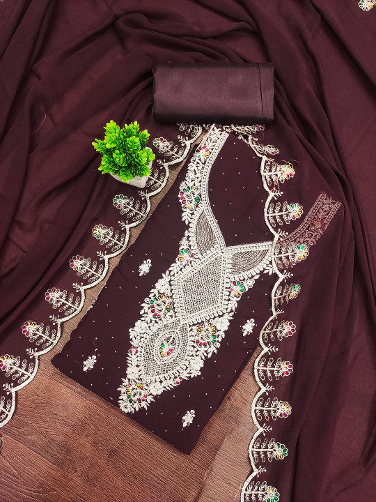 HERE&NOW Embroidered Thread Work Silk Georgette Unstitched Dress Material