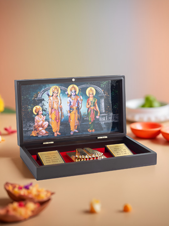 Golden Peacock 6Pcs Brown & Yellow Wooden Ram Darbar Prayer Box