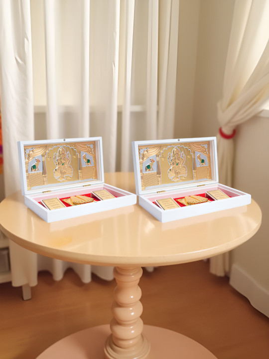 Golden Peacock 2 Pieces White & Gold 24Ct Wooden Gold Foil Laxmi Ganesh Pooja Boxes
