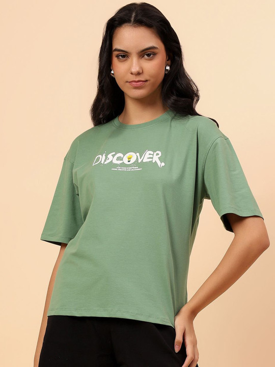 Cantabil Women Typography Printed Round Neck Cotton T-shirt