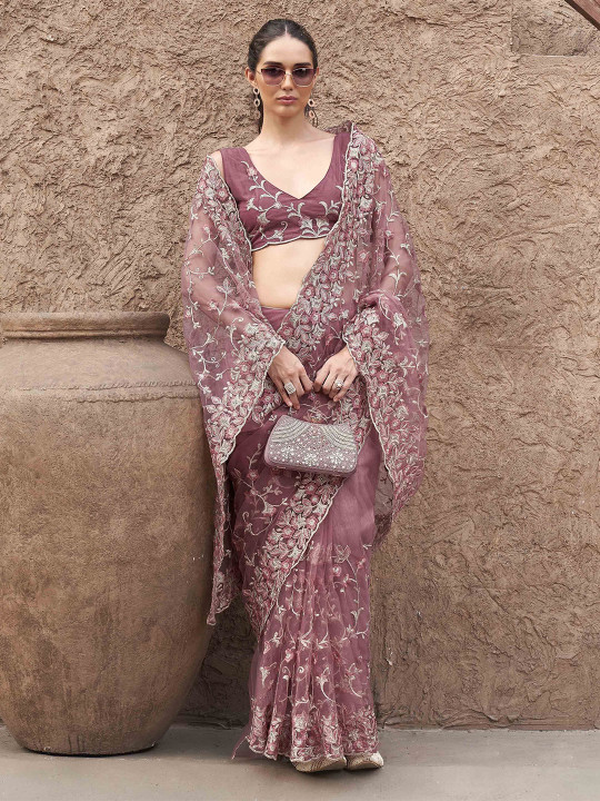 Tikhi Imli Ethnic Motifs Embroidered Net Saree
