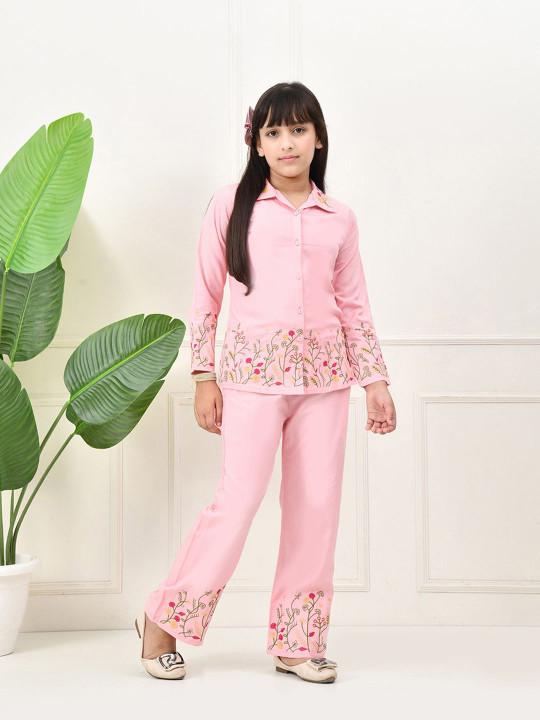 Bella Moda Girls Embroidered Long Sleeves Pure Cotton Shirt With Trouser