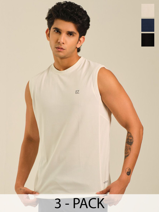EAZY Pack Of 3 Men Round Neck Dry-Fit Cotton Gym Vests