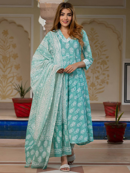 KALINI Ethnic Motifs Printed Anarkali Pure Cotton Kurta With Trousers & Dupatta