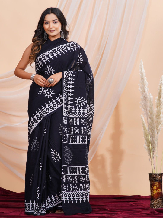 Dastkar Ethnic Motifs Print Pure Cotton Bagru Saree with Unstitched Blouse Piece