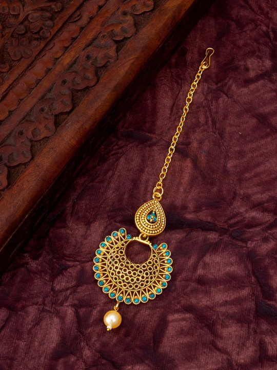 Anouk Gold-Plated Artificial Stones Studded & Beaded Maang Tikka