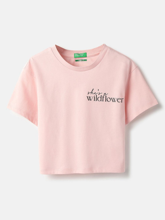 United Colors of Benetton Girls Typography Printed Round Neck Pure Cotton T-shirt