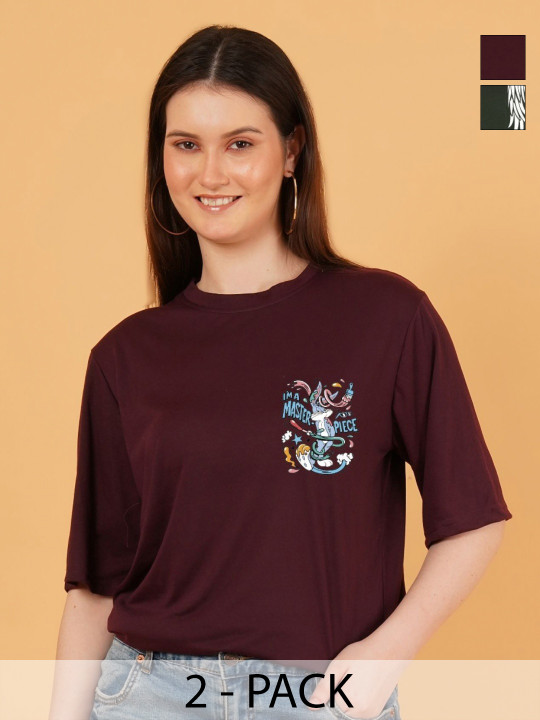 Kasendra Women Pack of 2 Bugs Bunny Graphic Printed Round Neck Relaxed Fit T-shirts