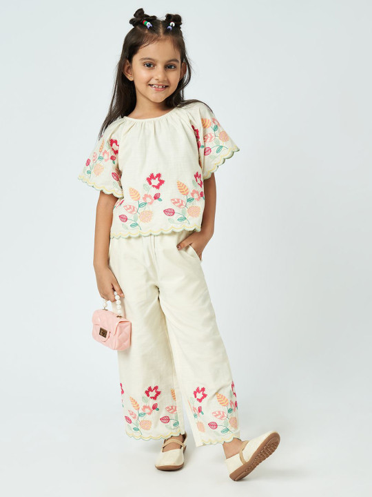 Ed-a-Mamma Girls Floral Embroidered Pure Cotton Round Neck Top With Trousers