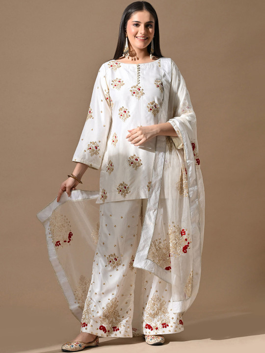 ZARIKALI Women Embroidered Regular Thread Work Pure Silk Kurta with Palazzos & Dupatta