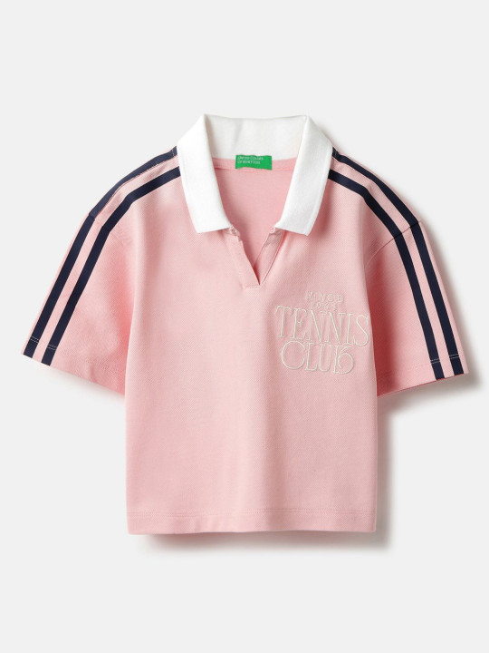 United Colors of Benetton Girls Typography Printed Polo Collar Pure Cotton T-shirt