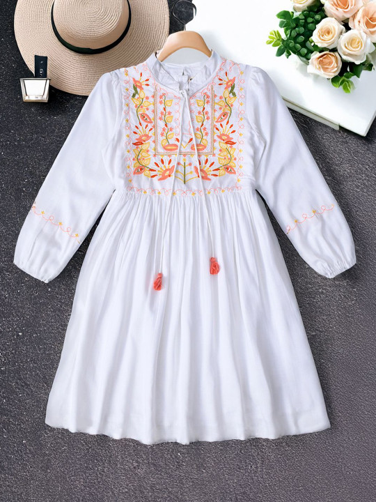 BAESD Girls Ethnic Motifs Emboridered Puff Sleeves Tie-Up Neck Fit & Flare Dress