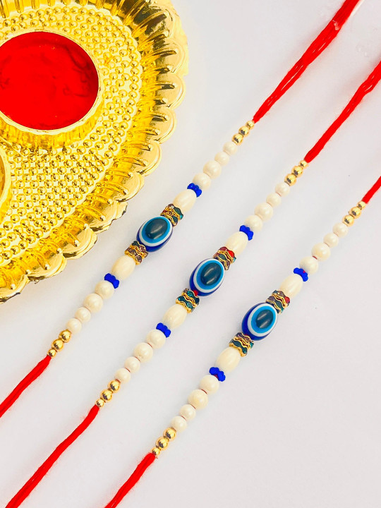 TANAIRA Set Of 3 Artificial Stones Studded & Beaded Thread Rakhis