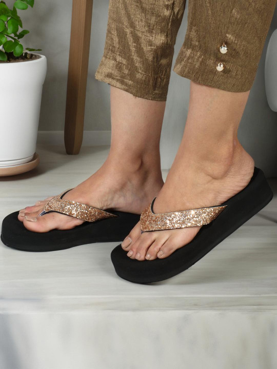 ZOVIM Women Black & Gold Glitter Flats