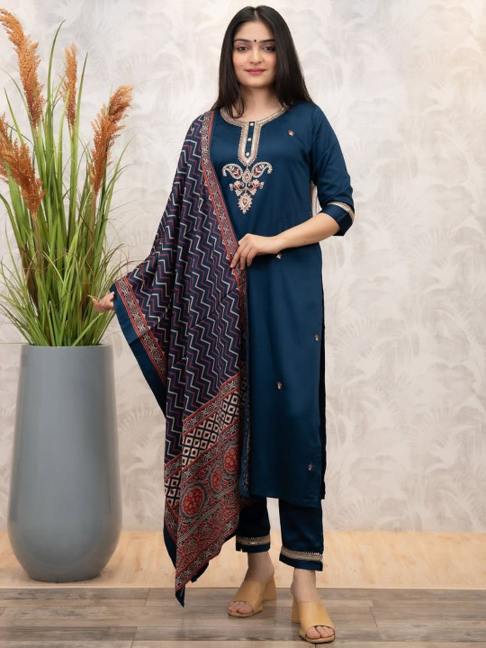 Navlik Women Embroidered Chanderi Silk Kurta with Trousers & Dupatta