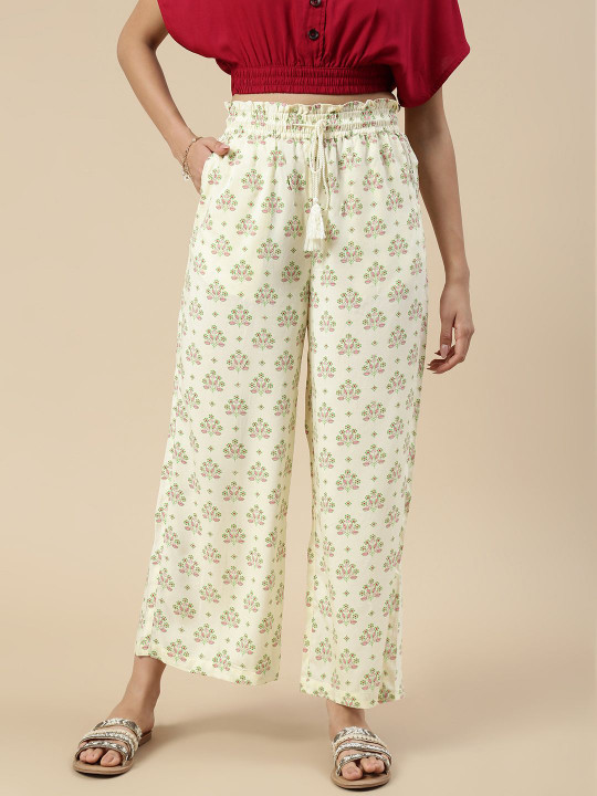 De Moza Women Floral Printed Wide Leg Cotton Ethnic Palazzos