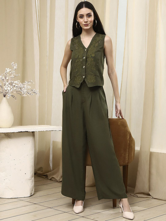 Biba Embroidered V Neck Waistcoat With Trousers Co-Ords