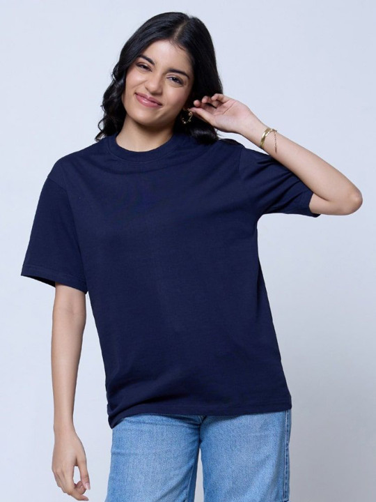 DKY Women Solid Round Neck Cotton Oversized T-shirt