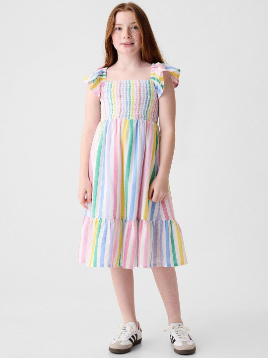 GAP Girls Striped Square Neck Flutter Sleeves Tiered Midi Dress