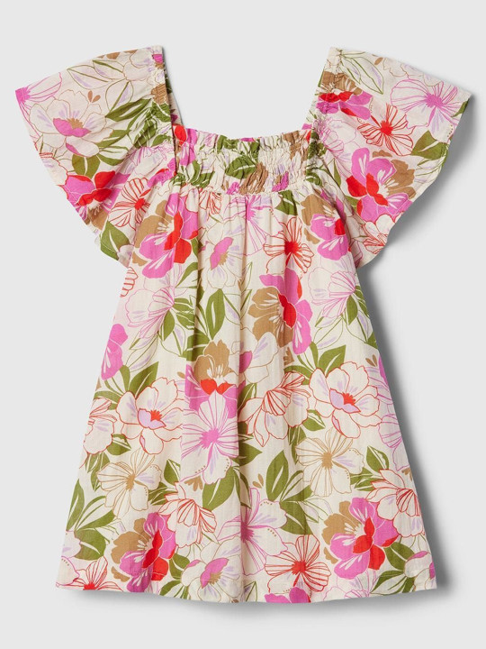 GAP Girls Smocked Floral Printed Square Neck Pure Cotton Flutter Sleeves Fit & Flare Dress