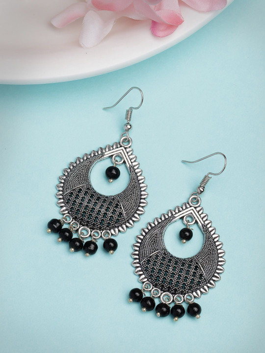 Anouk Women Silver-Plated Artificial Beads German Silver Oxidised Chandbali Earrings