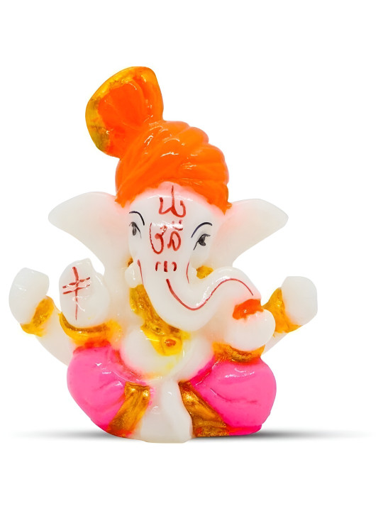 Rare Planet White & Orange Lord Ganesh Religious Idol Showpiece