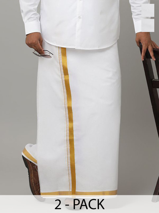 Viveagham Men Pack of 2 Single Layer Dhotis with Zari Border