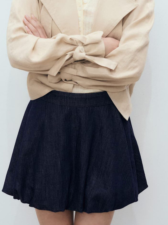 MANGO Mid-Rise Pure Cotton Balloon Denim Mini Skirt