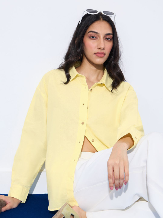 The Souled Store Butter Women Spread Collar Solid Oversized Shirts