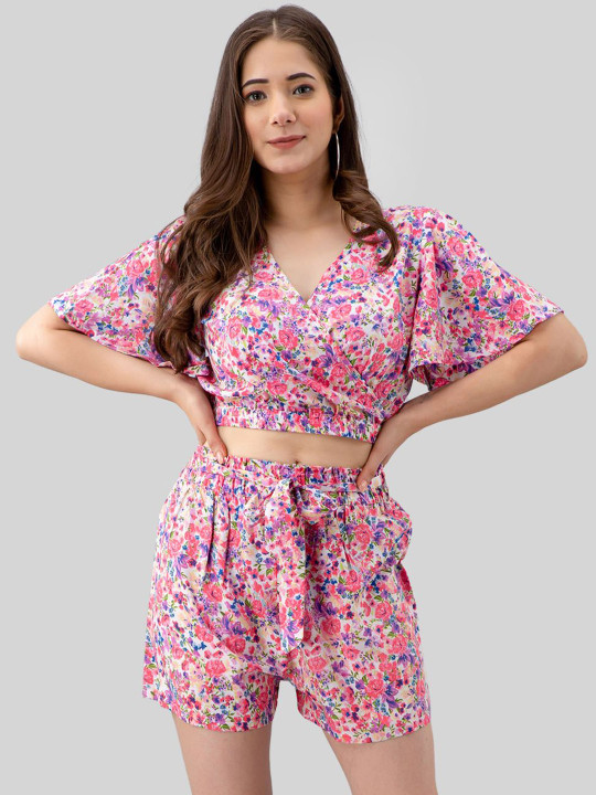Fuchsia Printed V Neck Top & shorts Co-Ords