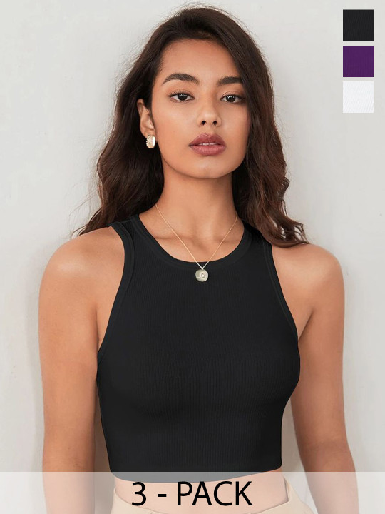 BAESD Pack Of 3 Lycra Sleeveless Stretch Fit Tank Crop Tops