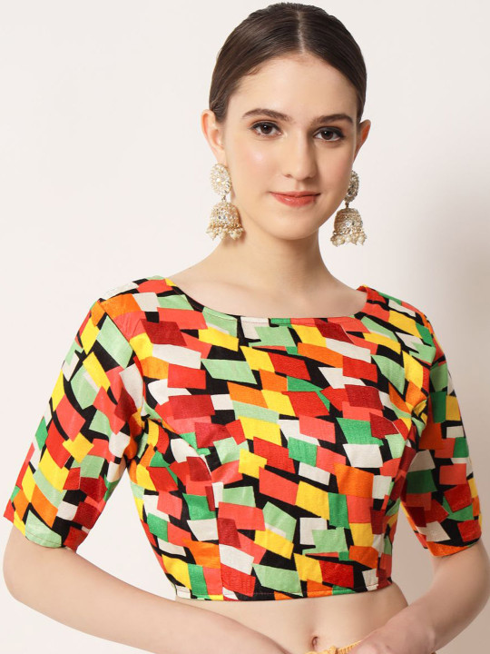 HERE&NOW Printed Cotton Boat Neck Padded Saree Blouse