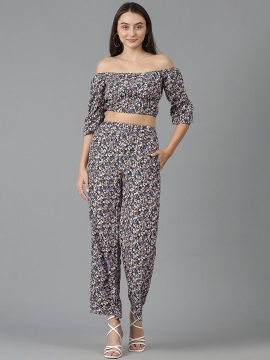 Stylecast X Kotty Off-shoulder Crop Top & three fourth sleeves With Trouser Co-Ords