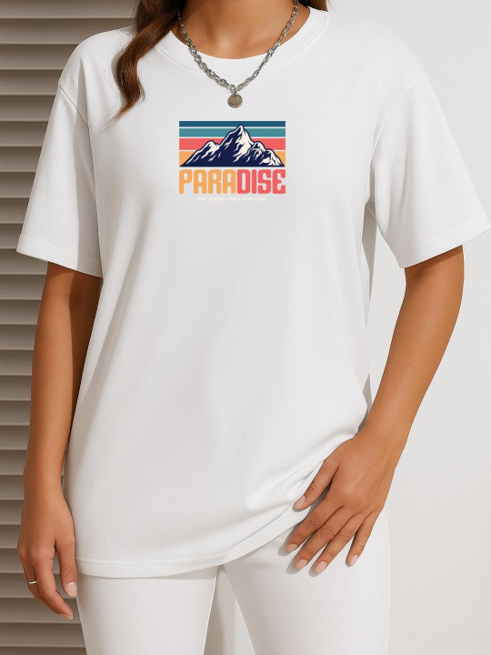 SZN Women White Trendy Graphic Printed Drop Shoulder Oversized T-Shirt